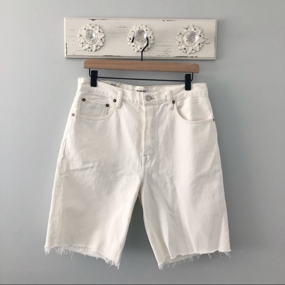 Agolde high rise, 90 pinch waist, longline denim shorts in porcelain white, new